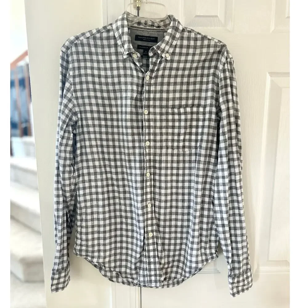 Banana Republic Camden Grey White Gingham Plaid Linen Long Sleeve Shirt
